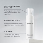 Medik8 Micellar Mousse 150ml purifying facial cleanser featuring olive oil-infused micelles, antioxidant-rich moringa extract and glycerin to remove impurities and leave skin soft and hydrated.