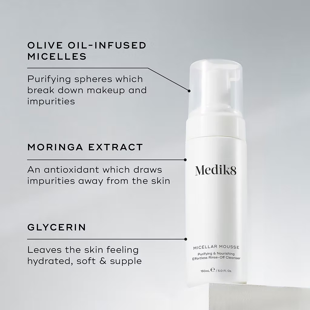 Medik8 Micellar Mousse 150ml purifying facial cleanser featuring olive oil-infused micelles, antioxidant-rich moringa extract and glycerin to remove impurities and leave skin soft and hydrated.
