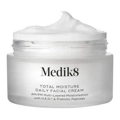 Medik8 Total Moisture Daily Facial Cream 50ml open jar showing rich white moisturising cream texture on a clean white background.