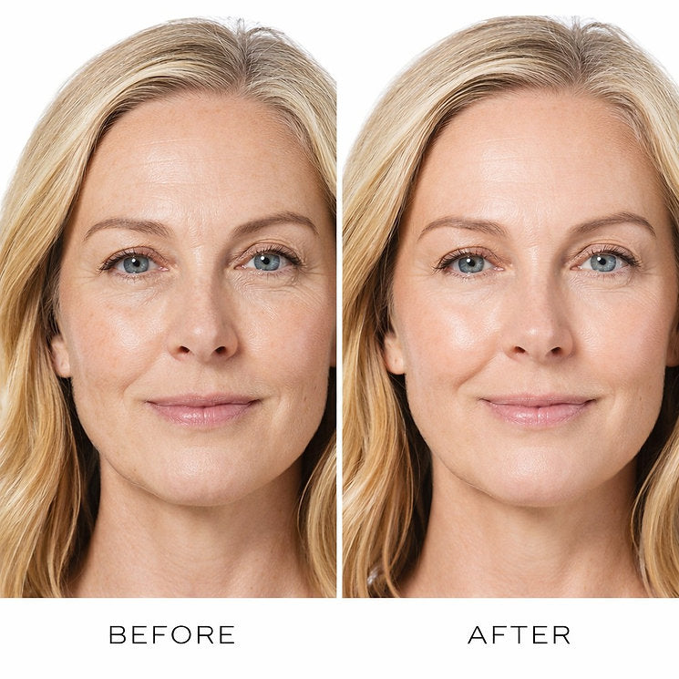 Before and after facial comparison showing smoother, more hydrated-looking skin, illustrating Medik8 Total Moisture Daily Facial Cream 50ml skincare results. Copy