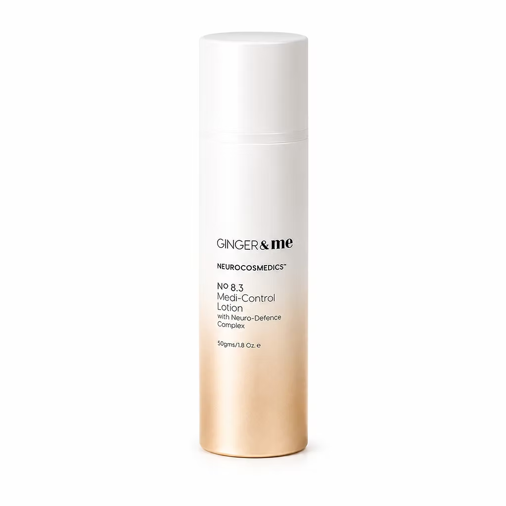 Ginger & Me Medi-Control Lotion 50g lightweight oil-free facial moisturiser for blemish-prone skin in white and gold bottle.