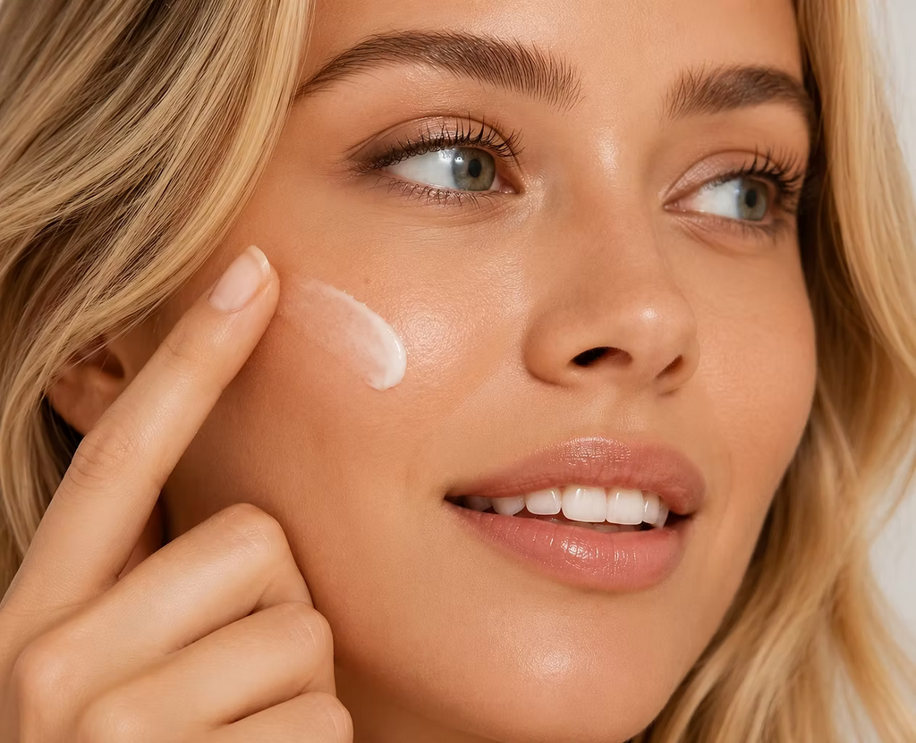 Woman applying a small amount of white facial lotion to her cheek as part of her daily skincare routine.