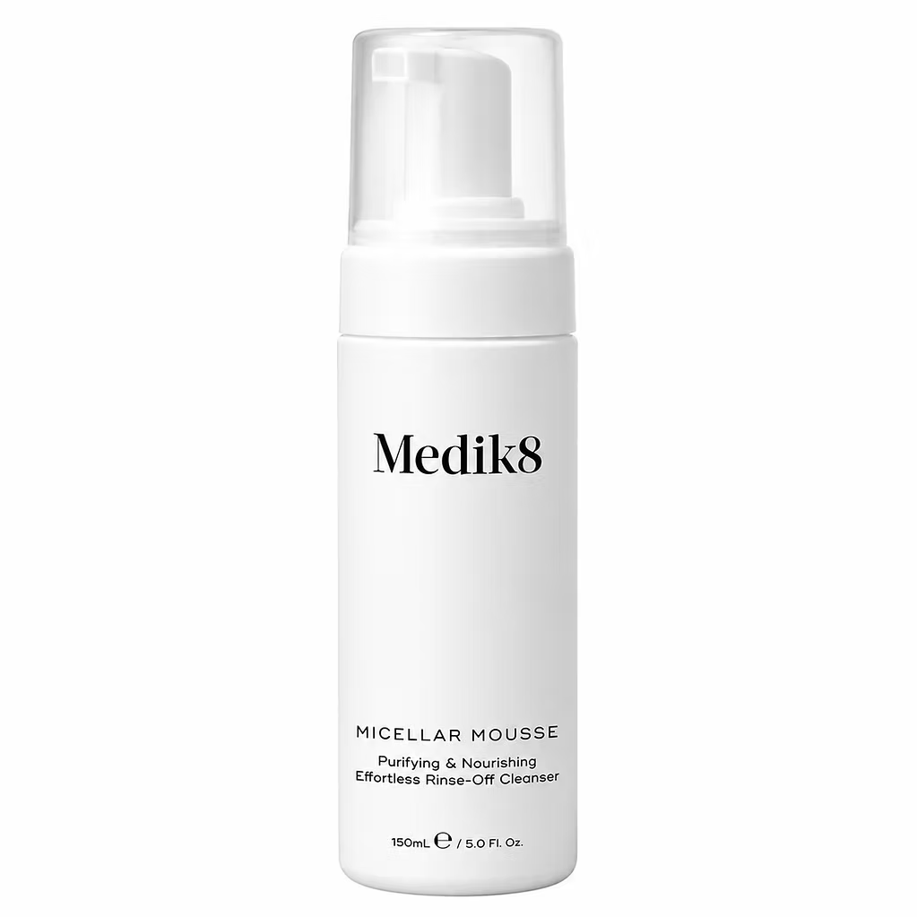 Medik8 Micellar Mousse 150ml purifying and nourishing foaming facial cleanser in white pump bottle, designed to gently remove makeup, sunscreen and impurities.