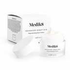 Medik8 Advanced Night Eye 15ml rejuvenating eye cream in an open white jar with lid and product packaging, showing the rich cream texture on a white background.