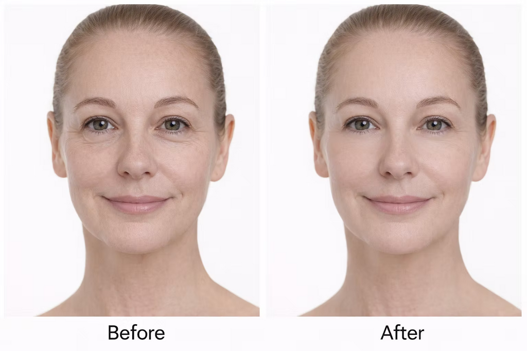 Before and after facial comparison showing visibly smoother fine lines around the eyes and a refreshed, more youthful-looking eye area in a Medik8 Advanced Night Eye 15ml promotional image.