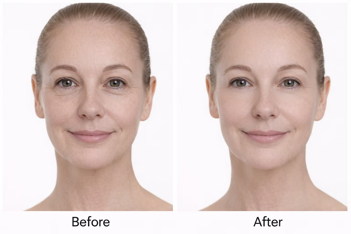 Before and after facial comparison showing visibly smoother fine lines around the eyes and a refreshed, more youthful-looking eye area in a Medik8 Advanced Night Eye 15ml promotional image.