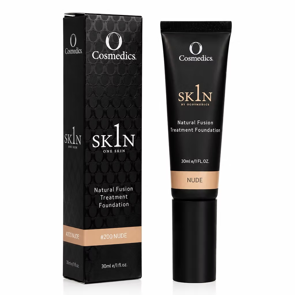 O Cosmedics 1SKIN Natural Fusion Treatment Foundation Nude 30mL tube with original black packaging, shade 200 Nude.