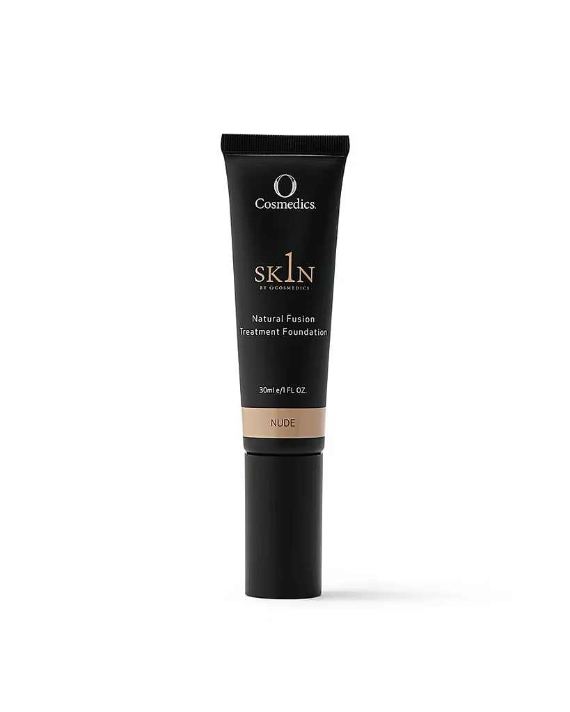 O Cosmedics 1SKIN Natural Fusion Treatment Foundation 30mL in Nude shade, black foundation tube on a white background.