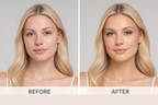 Before and after comparison of a blonde model showing a natural, even complexion with O Cosmedics 1SKIN Treatment Fusion Foundation.