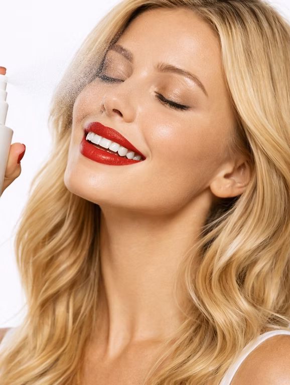 Blonde woman with glowing makeup holding O Cosmedics O-Biome Hydrating & Setting Spray Face Mist 50ml.