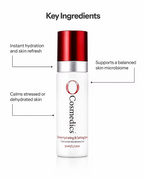 O Cosmedics O-Biome Hydrating & Setting Spray 50ml with key ingredient information and skin hydration benefits.