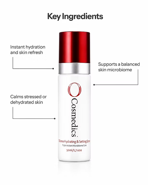 O Cosmedics O-Biome Hydrating & Setting Spray 50ml with key ingredient information and skin hydration benefits.
