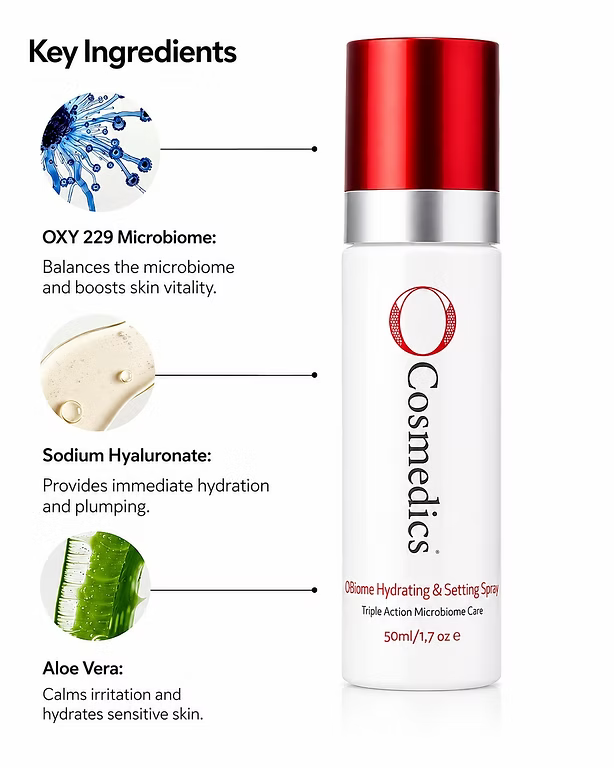 O Cosmedics O-Biome Hydrating Spray 50ml with infographic highlighting key skincare ingredients.