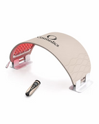 O Cosmedics O LED Light Therapy Device with illuminated red LED lights, curved treatment panel and handheld remote control on a white background. 