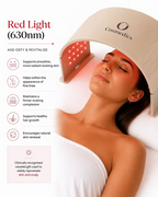 O Cosmedics O LED Light Therapy Device delivering 630nm red light to the face, with infographic highlighting skin rejuvenation, fine lines and hair growth support.
