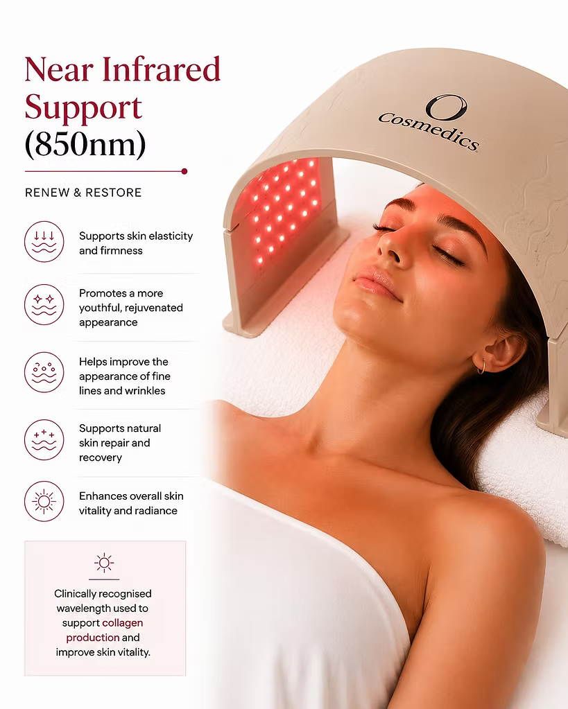 O Cosmedics O LED Light Therapy Device 850nm near-infrared treatment infographic showing facial use and benefits for skin firmness, fine lines and rejuvenation.