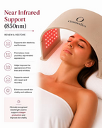 O Cosmedics O LED Light Therapy Device 850nm near-infrared treatment infographic showing facial use and benefits for skin firmness, fine lines and rejuvenation.
