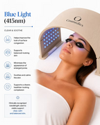 O Cosmedics O LED Light Therapy Device using 415nm blue light on the face with protective eyewear, highlighting clearer-looking skin, reduced congestion and soothing benefits.
