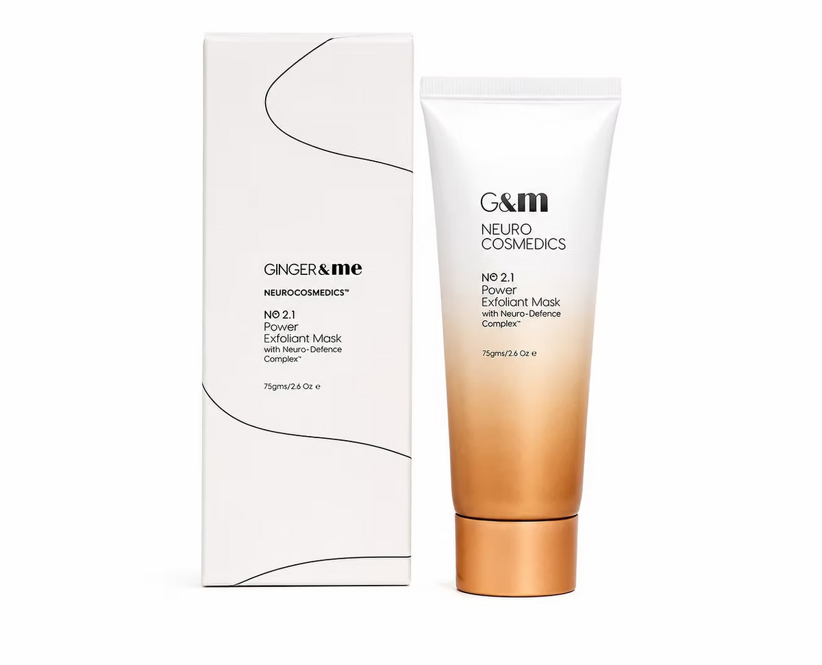 Ginger & Me Power Exfoliant Mask 75g exfoliating face mask tube displayed alongside its original packaging