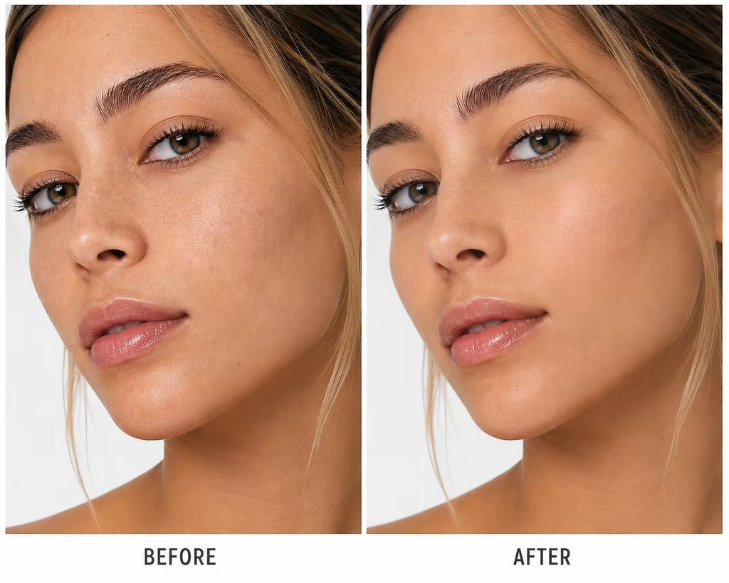 Side-by-side before-and-after facial photographs illustrating changes in skin appearance