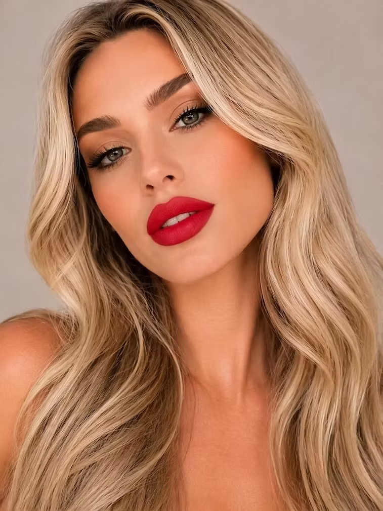 Model wearing SUZY Soft Whipped Matte Lipstick in Poppy (True Red), showcasing a bold, classic red lip colour with a smooth, velvety matte finish.