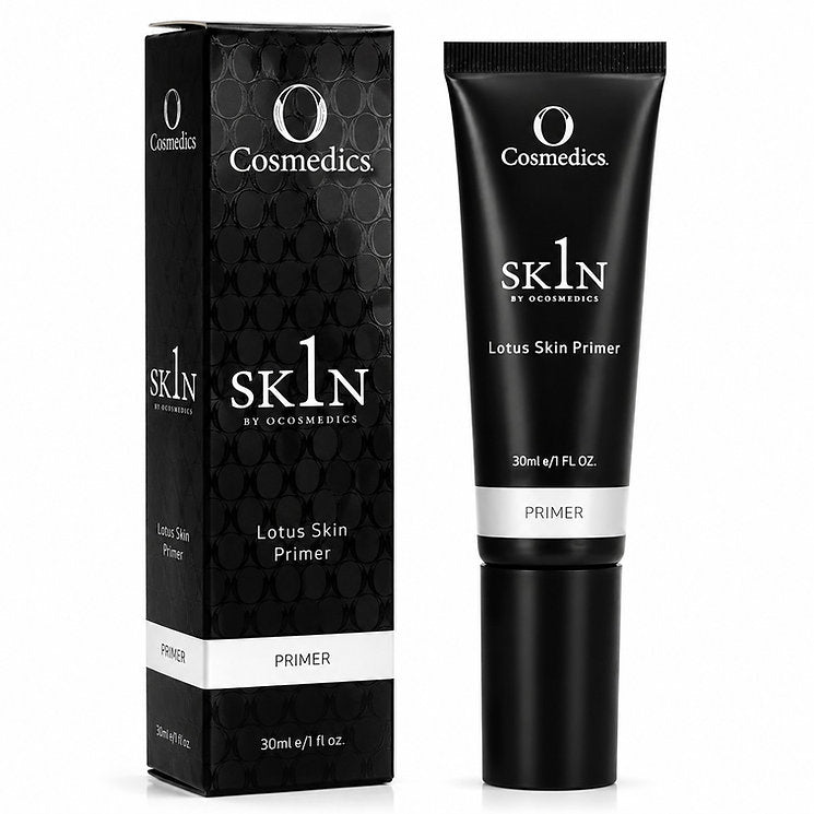 O Cosmedics 1SKIN Lotus Primer 30mL with black product packaging and primer tube.