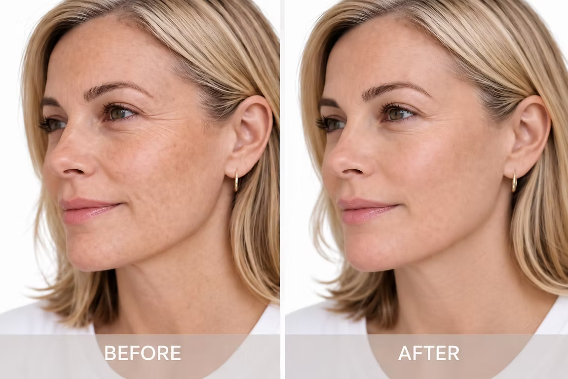 DP Dermaceuticals Vitamin Rich Repair before and after skincare comparison showing visible changes in skin appearance.