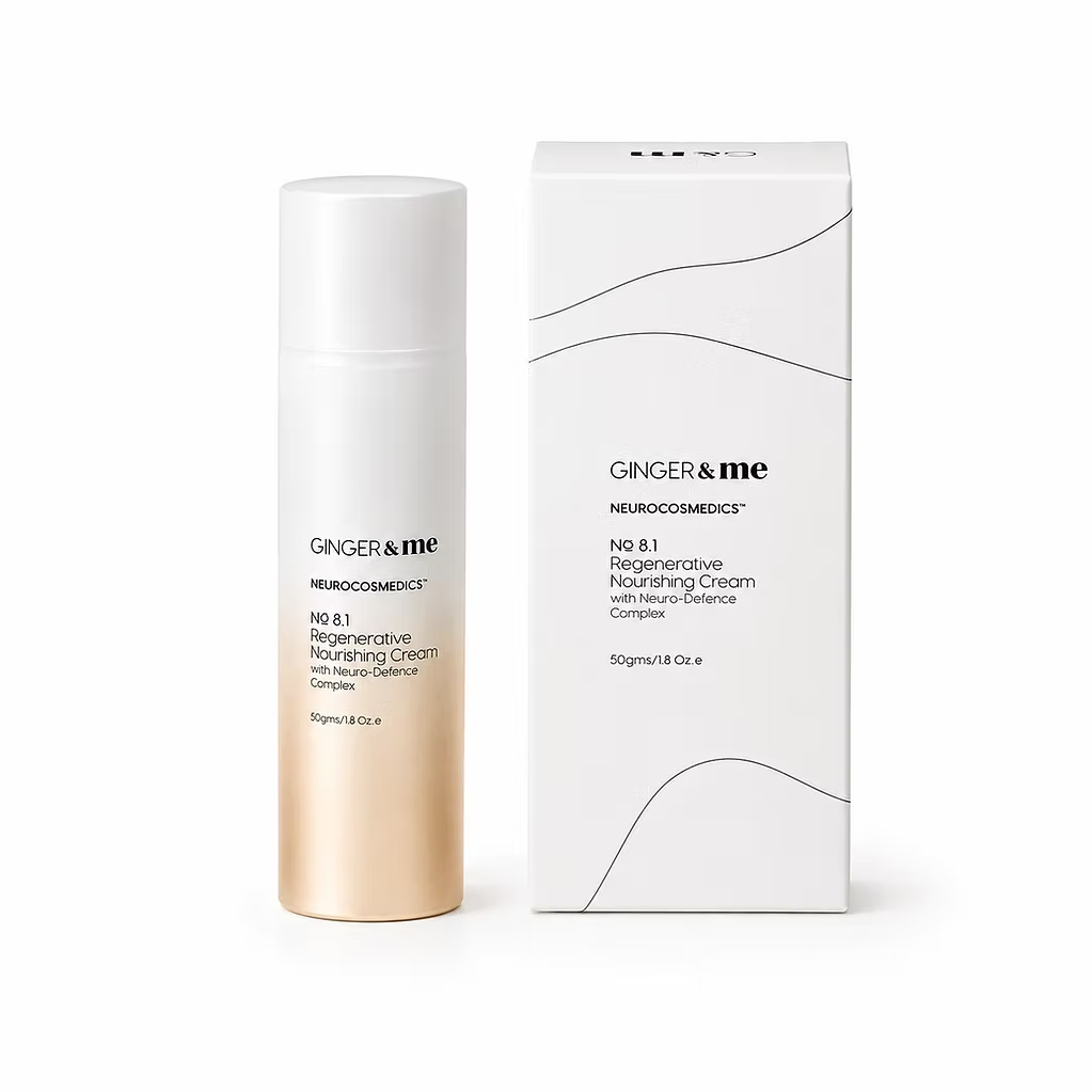 Ginger & Me Regenerative Nourishing Cream 50g pump bottle displayed beside its white product packaging.