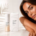 Ginger & Me Regenerative Nourishing Cream bottle and packaging displayed beside a woman with radiant-looking skin.