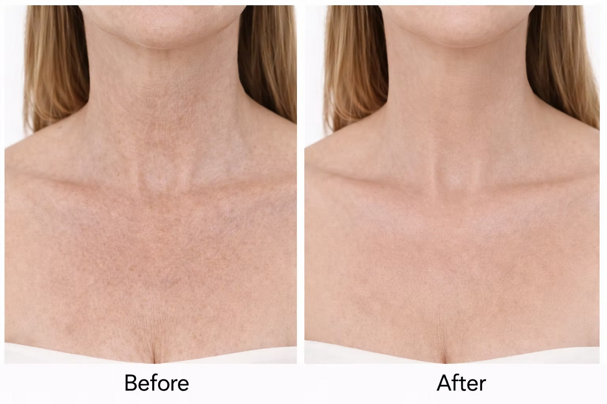 Before and after comparison of décolletage and chest showing visibly smoother, more even-looking skin tone and texture with Medik8 Smooth Body Exfoliating Kit.