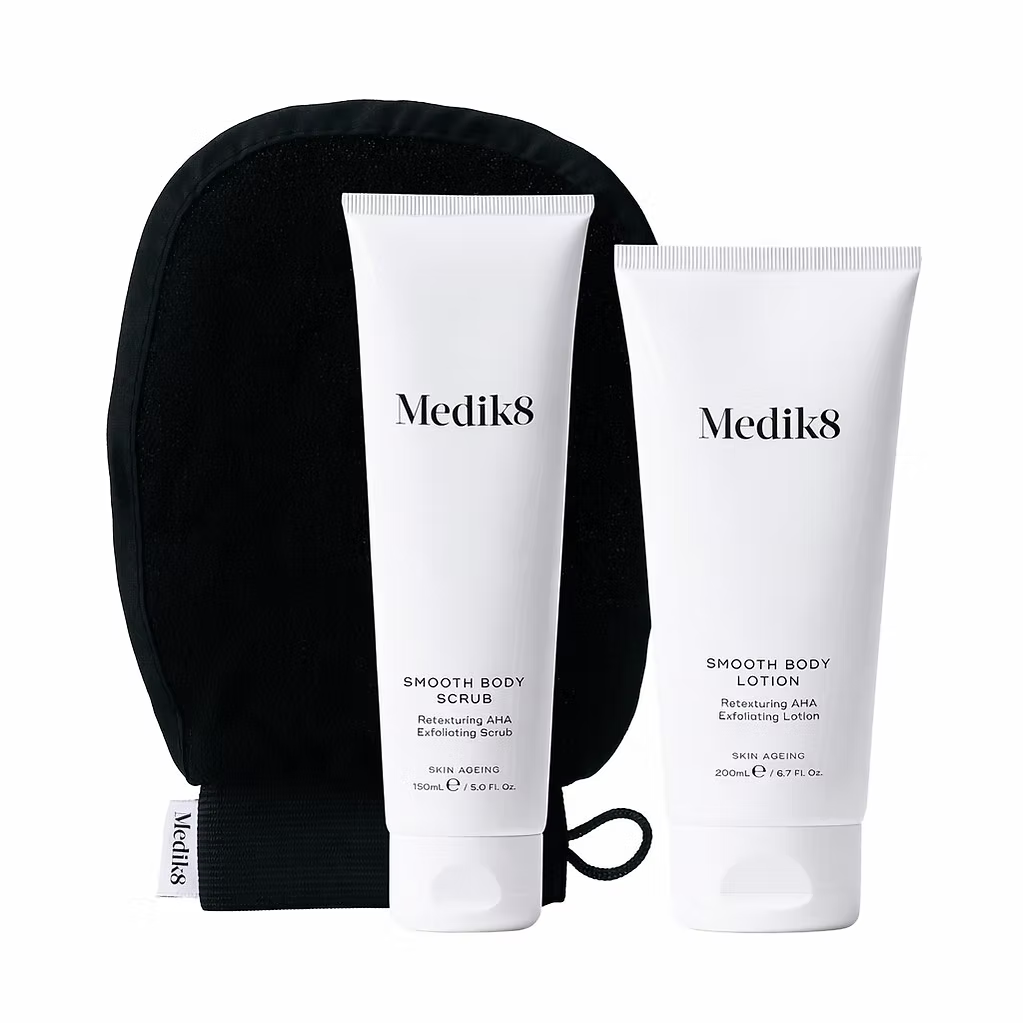 Medik8 Smooth Body Exfoliating Kit featuring Smooth Body Scrub 150ml, Smooth Body Lotion 200ml and black exfoliating mitt on white background.