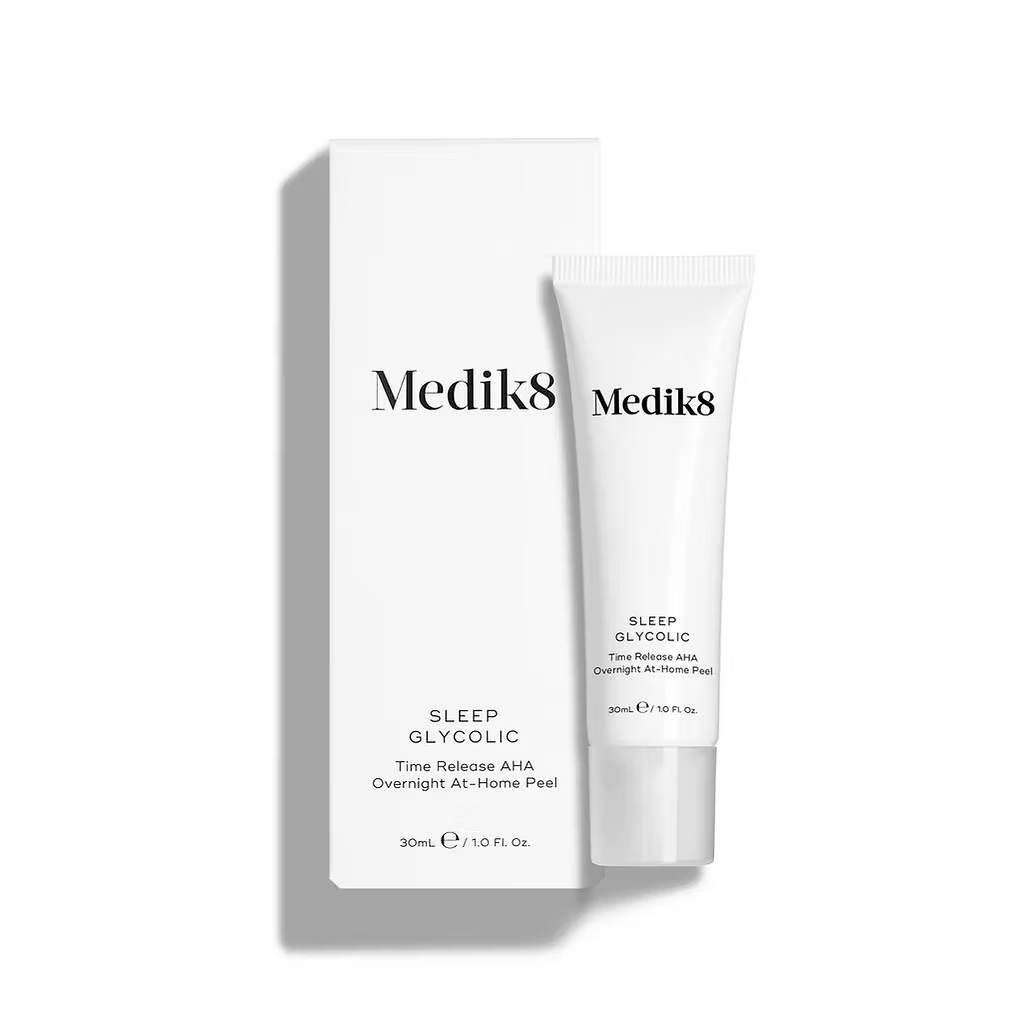 Medik8 Sleep Glycolic 30ml Time Release AHA Overnight At-Home Peel, featuring the white product tube and matching packaging against a clean white background.