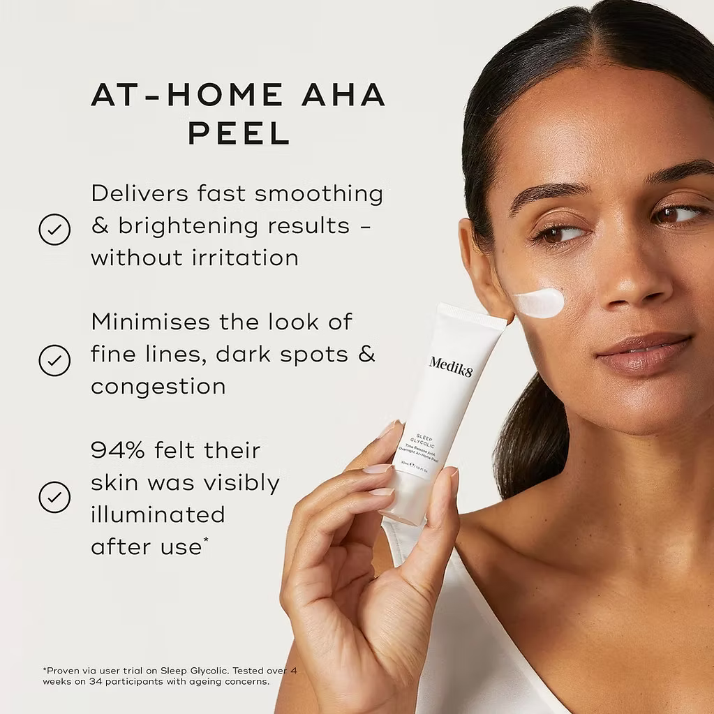 Medik8 Sleep Glycolic 30ml Overnight AHA Peel shown with a model applying the cream, highlighting smoother, brighter skin and reduced appearance of fine lines, dark spots and congestion.