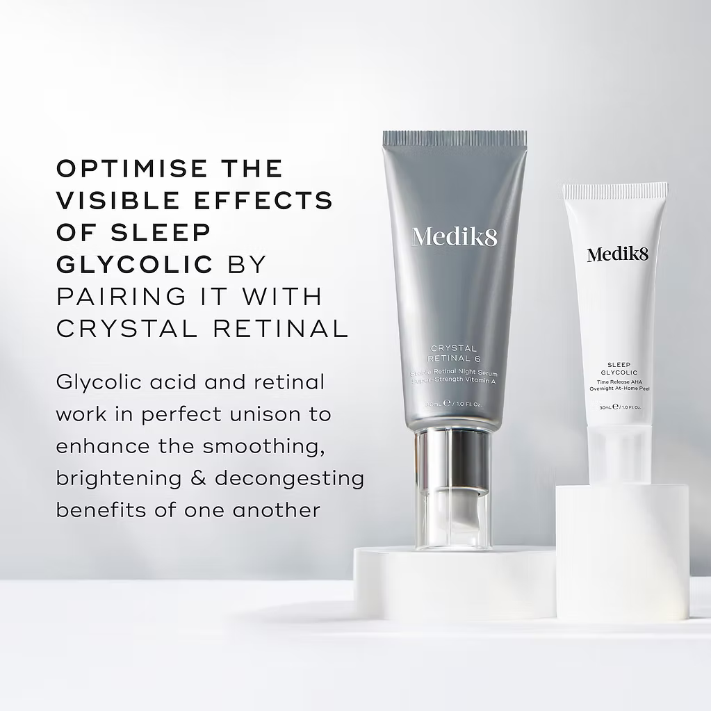 Medik8 Sleep Glycolic 30ml Overnight AHA Peel paired with Crystal Retinal 6, highlighting their complementary smoothing, brightening and skin-refining benefits.