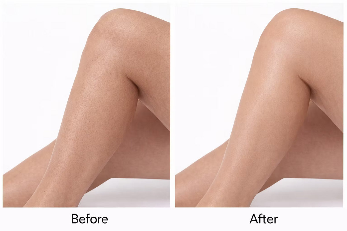 Before and after comparison of leg skin texture showing smoother, more even-looking skin following use of the Medik8 Smooth Body Exfoliating Kit.
