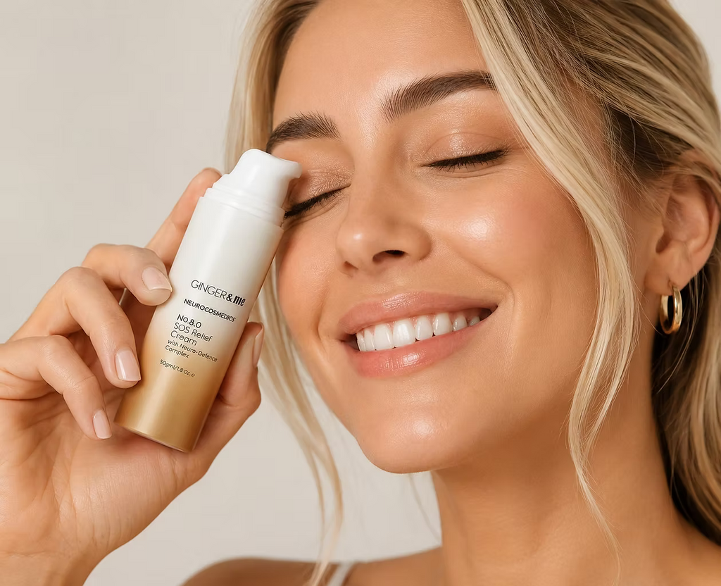 Woman smiling while applying facial moisturiser to her cheek as part of her skincare routine.