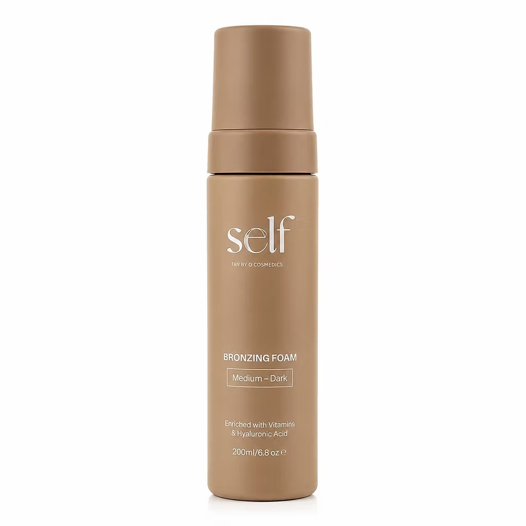 SELF Tan by O Cosmedics Dark Self Tan Mousse 200ml in beige pump bottle on white background