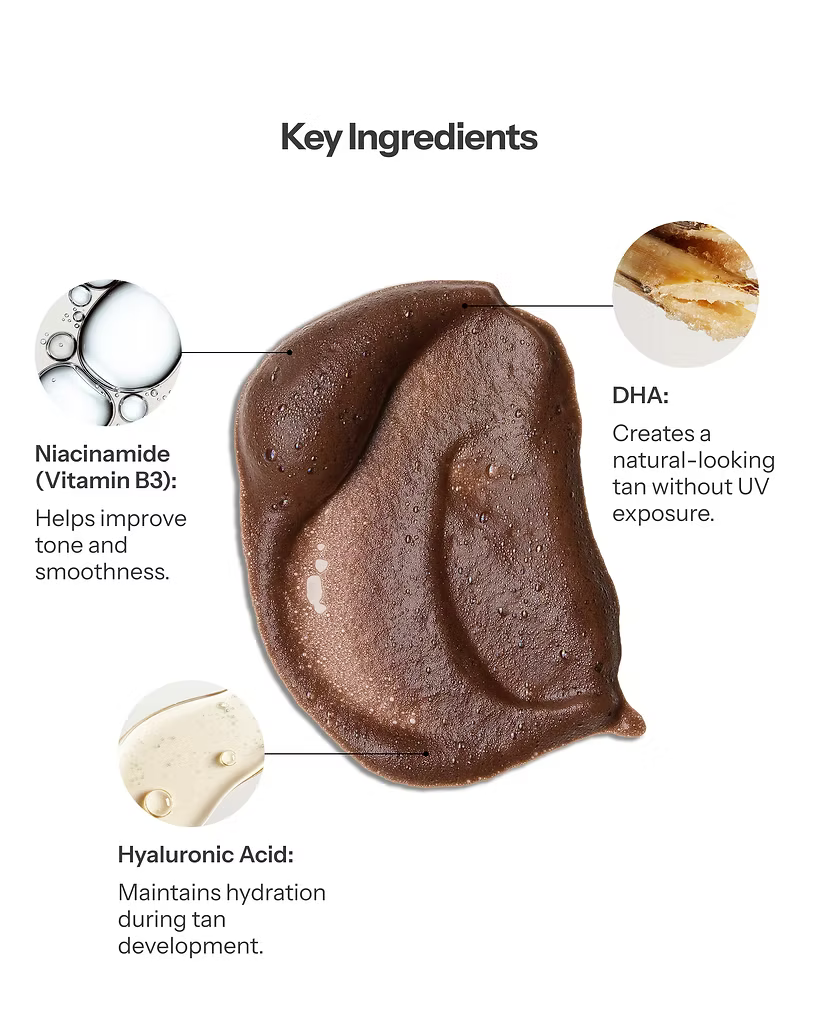 SELF Tan by O Cosmedics Dark Self Tan Mousse key ingredients graphic with chocolate-coloured mousse texture