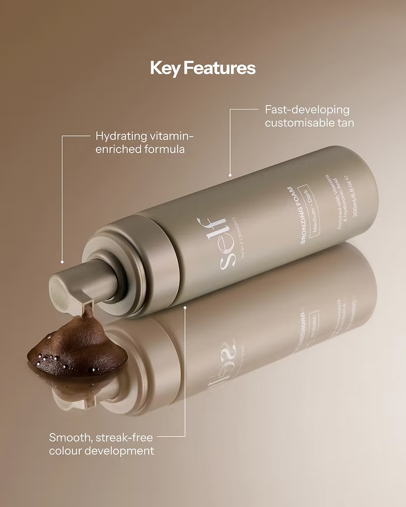 SELF Tan by O Cosmedics Dark Self Tan Mousse bottles displayed with product feature information