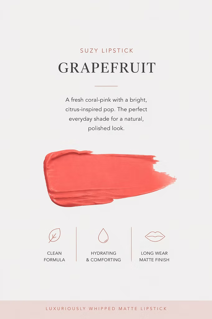 SUZY Soft Whipped Matte Lipstick in Grapefruit (Coral), featuring a fresh coral-red lipstick swatch with a creamy texture, hydrating formula and soft matte finish.