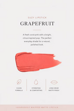 SUZY Soft Whipped Matte Lipstick in Grapefruit (Coral), featuring a fresh coral-red lipstick swatch with a creamy texture, hydrating formula and soft matte finish.