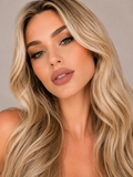 Blonde model wearing SUZY Baby Cocoa nude matte lipstick, showcasing a soft, creamy whipped matte lip finish.