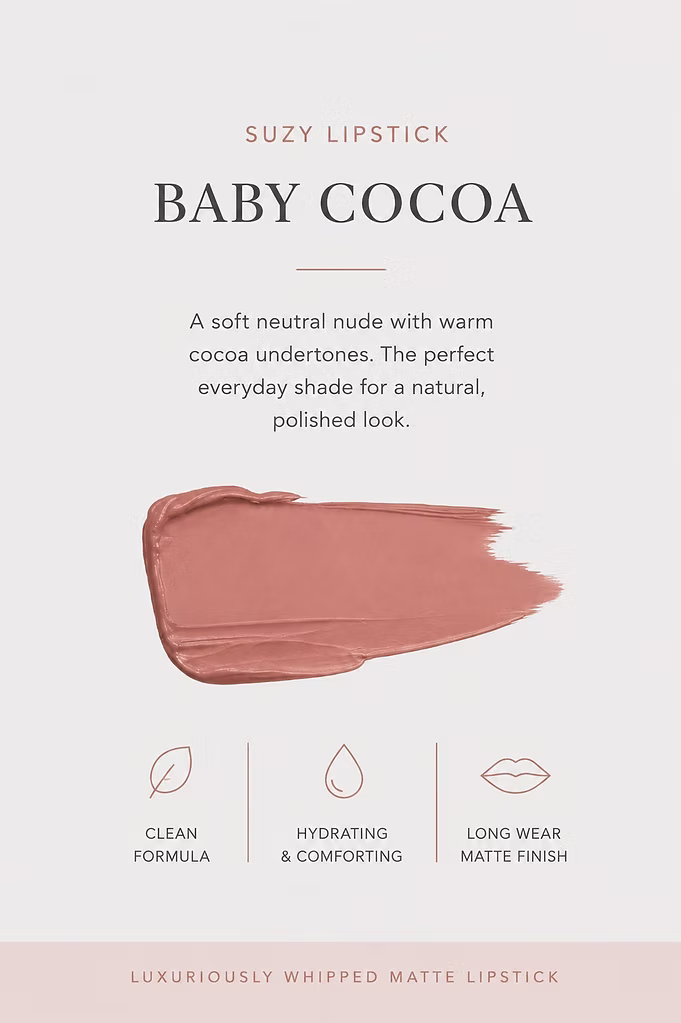 SUZY Baby Cocoa whipped matte lipstick shade swatch in a soft neutral nude with warm cocoa undertones, featuring a creamy matte finish.