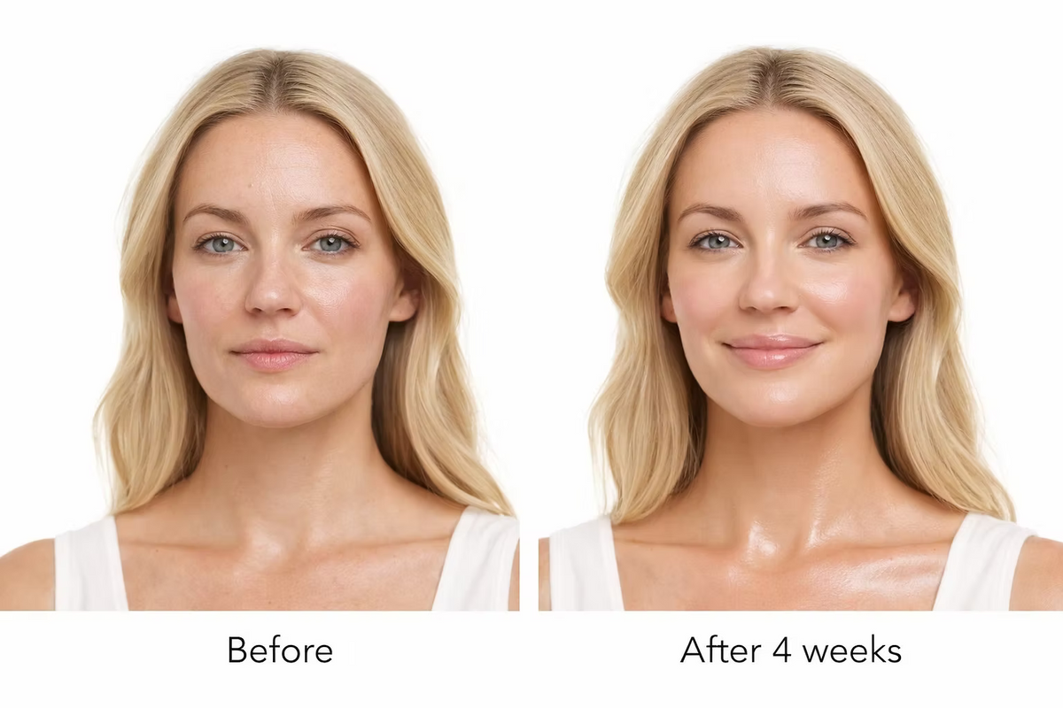 Side-by-side before-and-after facial photographs showing skin appearance