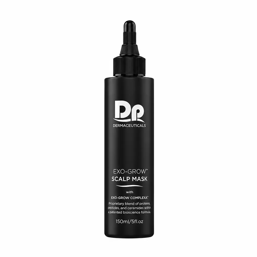 DP Dermaceuticals EXO-GROW Scalp Mask 150ml black bottle with applicator tip, exfoliating pre-shampoo scalp treatment.