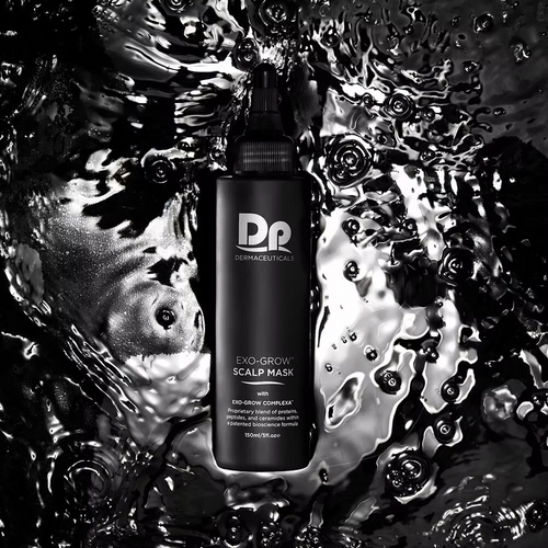 DP Dermaceuticals EXO-GROW Scalp Mask 150ml black bottle displayed against a glossy black water background, professional exfoliating scalp treatment.