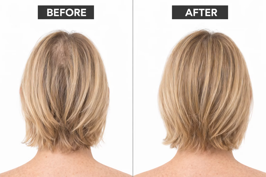 Before and after comparison showing blonde hair with visible scalp at the crown and a fuller-looking appearance in the after image, featured with DP EXO-GROW Scalp Mask.