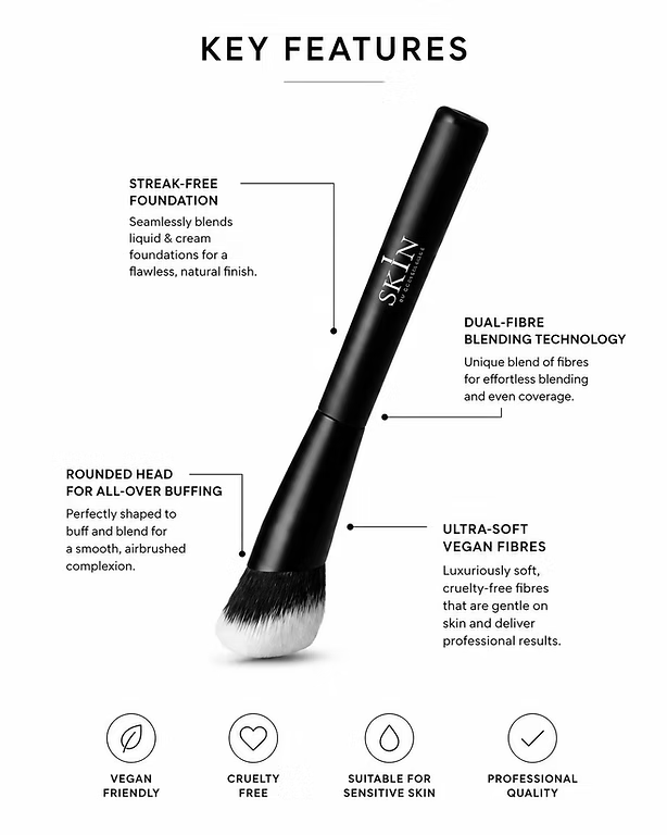 O Cosmedics Seamless Complexion Foundation Brush key features and angled brush design for smooth foundation application.