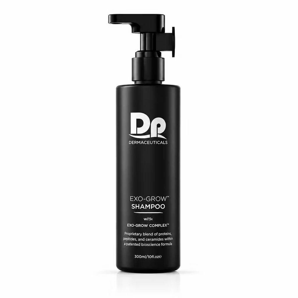 DP Dermaceuticals EXO-GROW Shampoo 300ml in black pump bottle, formulated with proteins, peptides and ceramides to support thinning hair and scalp health.