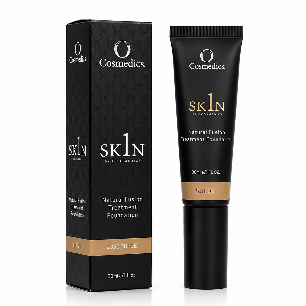 O Cosmedics 1SKIN Natural Fusion Treatment Foundation in Suede 350 shade, 30 mL black foundation tube displayed alongside matching product packaging on a white background.